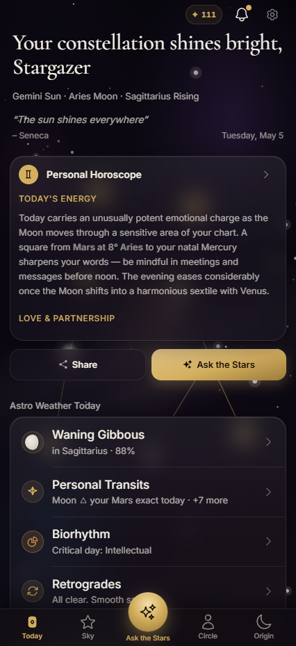 StarBind daily horoscope screen showing a transit-personalized reading drawn from the user's natal chart